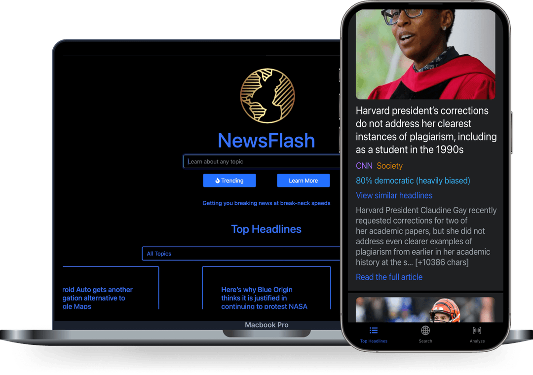 NewsFlash is a website and mobile app that utilizes Machine Learning to identify news bias. It displays top headlines (and their bias), and is capable of analyzing the sentiments and bias of any article on the web.