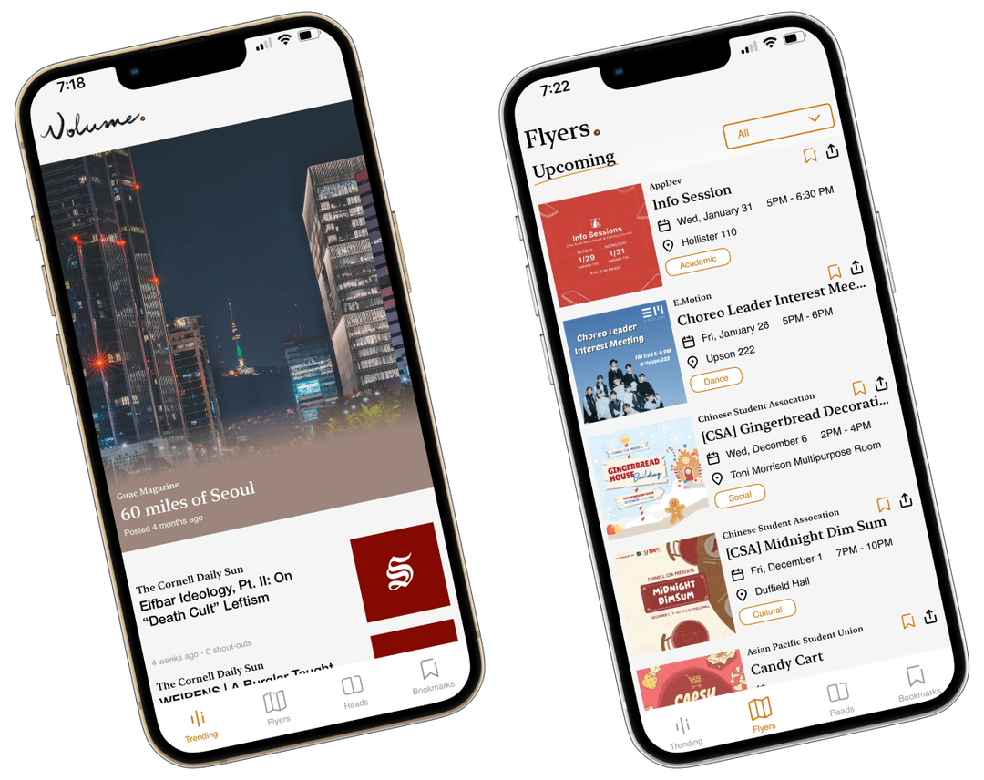 Volume is a mobile app which aggregates all student publications, magazines, and flyers on Cornell campus. I led a team of 10 developers, designers, and marketers to build the app and grow it to over 400 users.