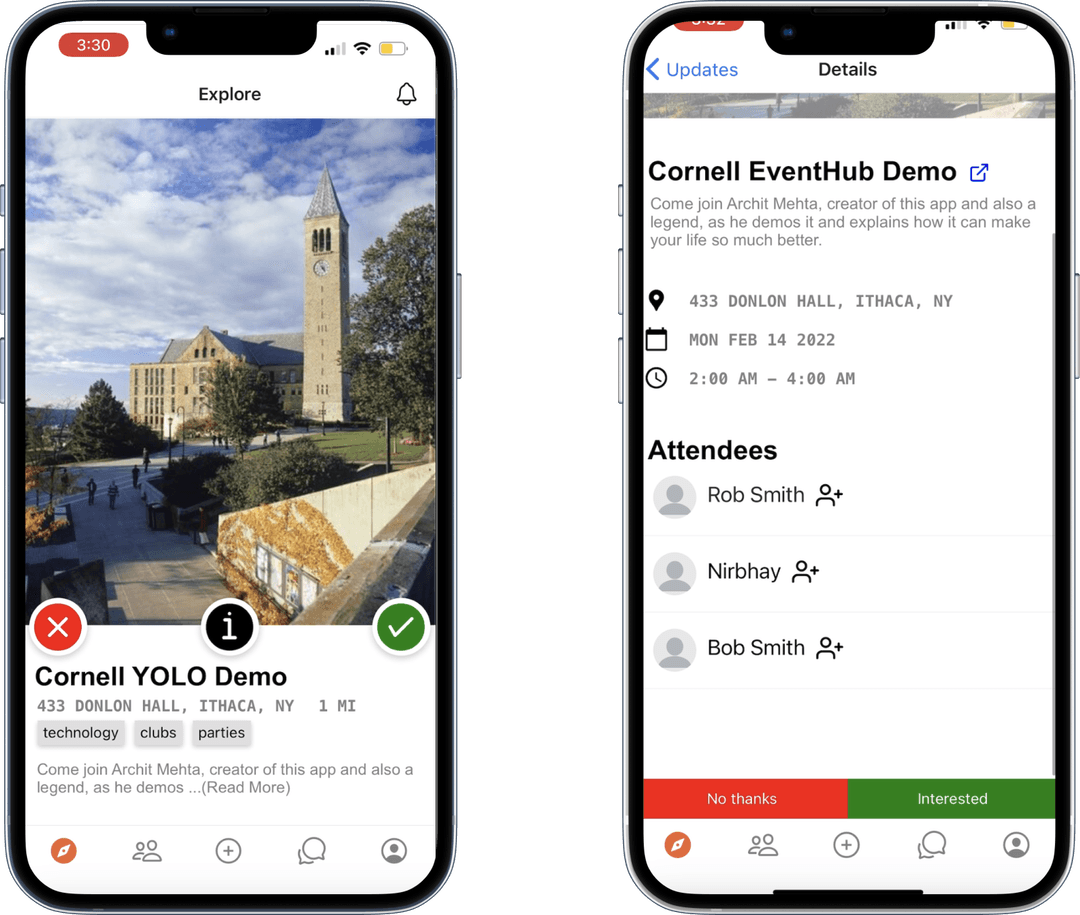 Yolo is the first social media app built around your calendar. It's designed to help you find fun events on campus and make friends with similar interests, and launched at Cornell in Fall 2022!